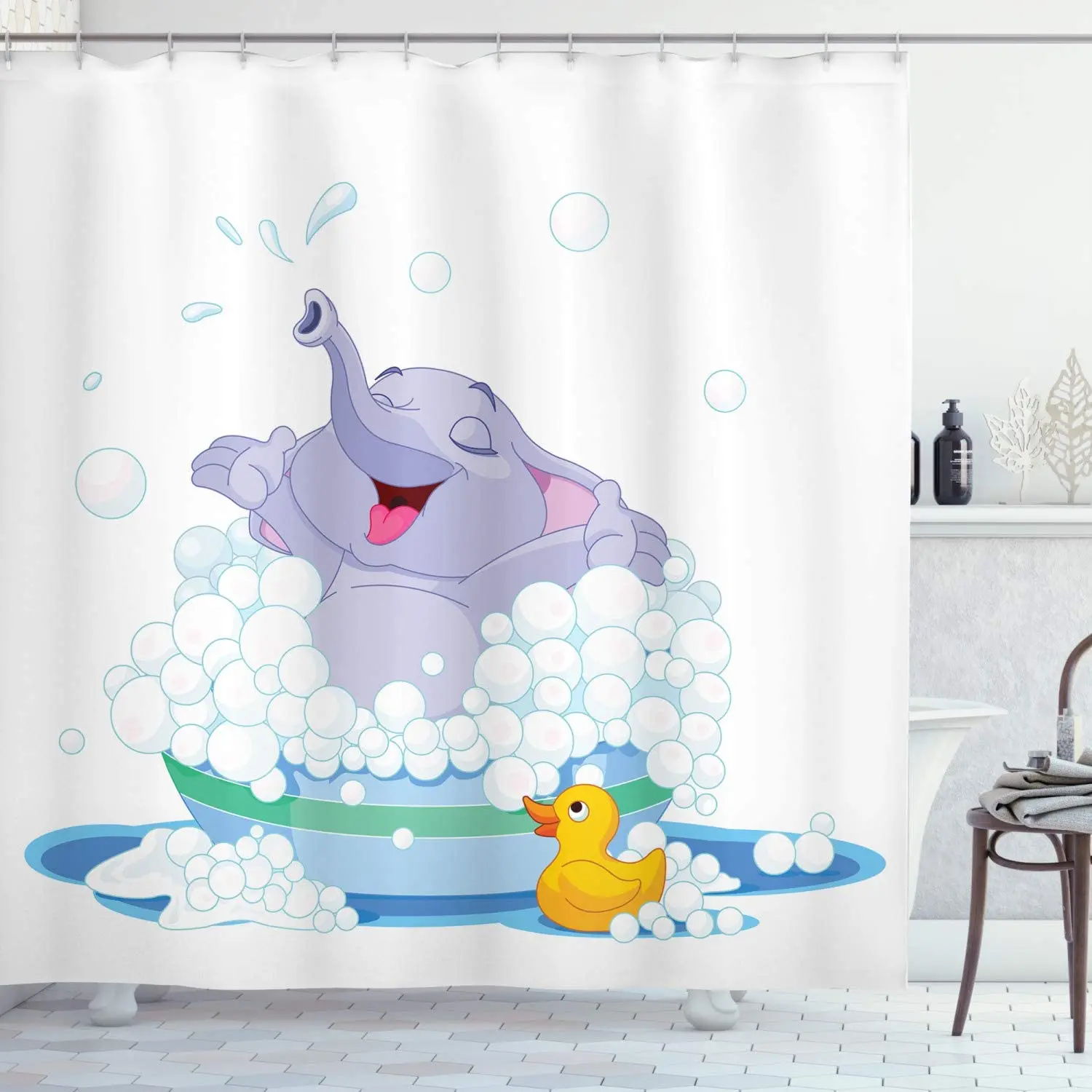 Elephant Takes Bubble Bath in Basin with Duck Water Games Wild Animals Theme Print, Cloth Fabric Bathroom Décor
Elephant Takes Bubble Bath in Basin with Duck Water Games Wild Animals Theme Print, Cloth Fabric Bathroom Décor