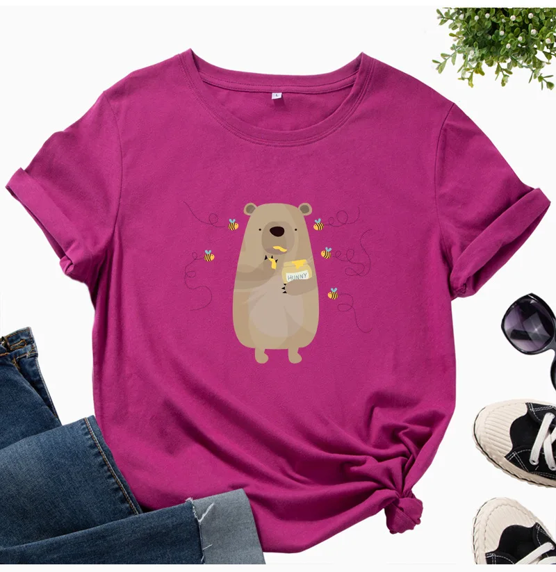 Hot Style Top Women'S Cartoon Bear Print Cotton Short-Sleeved T-Shirt Round Neck Wine Red Yellow Gray Casual Women'S Clothing
Hot Style Top Women'S Cartoon Bear Print Cotton Short-Sleeved T-Shirt Round Neck Wine Red Yellow Gray Casual Women'S Clothing