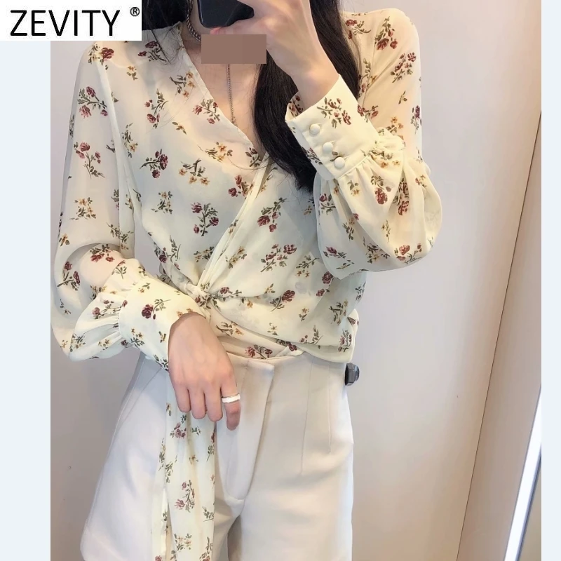Новая женская элегантная шифоновая блузка Zevity с V-образным вырезом и цветочным