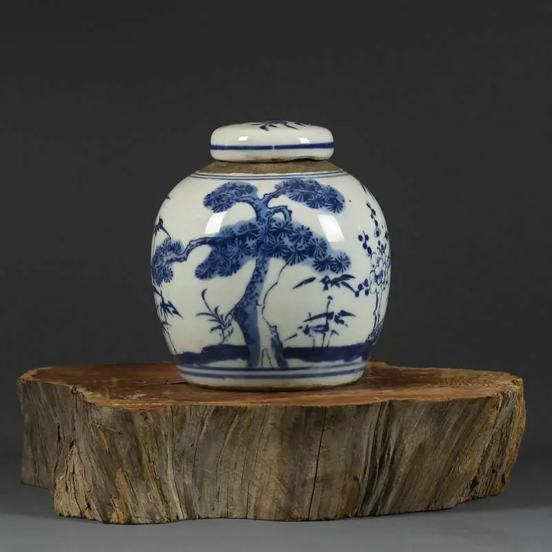

Republic Chinese Blue and white Porcelain hand painted Pine bamboo Jar pot 4.1"