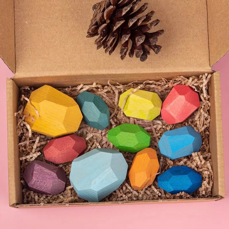 Wood Balancing Stacked Stones RAINBOW Set Coloured Gems Wooden Rocks Wooden Stones Baby Building Block Montessori Toys