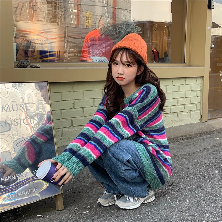 Female Korean Harajuku Lazy Wind Loose Rainbow Striped Sweater Women's Sweaters Japanese Kawaii Ulzzang Clothing for Women
Female Korean Harajuku Lazy Wind Loose Rainbow Striped Sweater Women's Sweaters Japanese Kawaii Ulzzang Clothing for Women