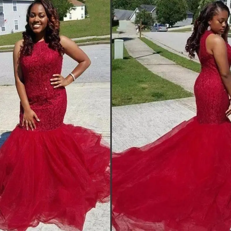 2020 Free Shipping Black Girls Evening dresses long Red lace Appliques Mermaid Jewel Neck Sleeveless Tulle Sweep Train Party
2020 Free Shipping Black Girls Evening dresses long Red lace Appliques Mermaid Jewel Neck Sleeveless Tulle Sweep Train Party