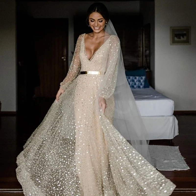 Sparkly Sequined Evening Dress Bling Bling Deep V Neck Sexy Backless Long Sleeve Prom Party Gown NO Belt
Sparkly Sequined Evening Dress Bling Bling Deep V Neck Sexy Backless Long Sleeve Prom Party Gown NO Belt