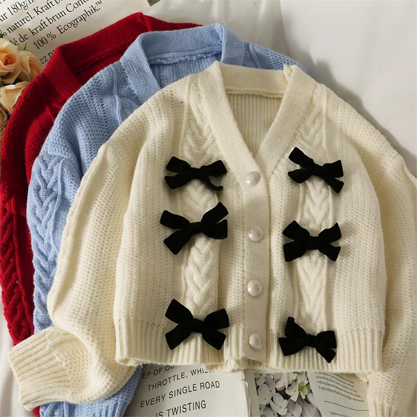 Korean Sweet Bow Elegant Sweater Cardigan Women Long Sleeve Casual Knit Short Coat Autumn Winter Thick Sweater Outwear 
Korean Sweet Bow Elegant Sweater Cardigan Women Long Sleeve Casual Knit Short Coat Autumn Winter Thick Sweater Outwear