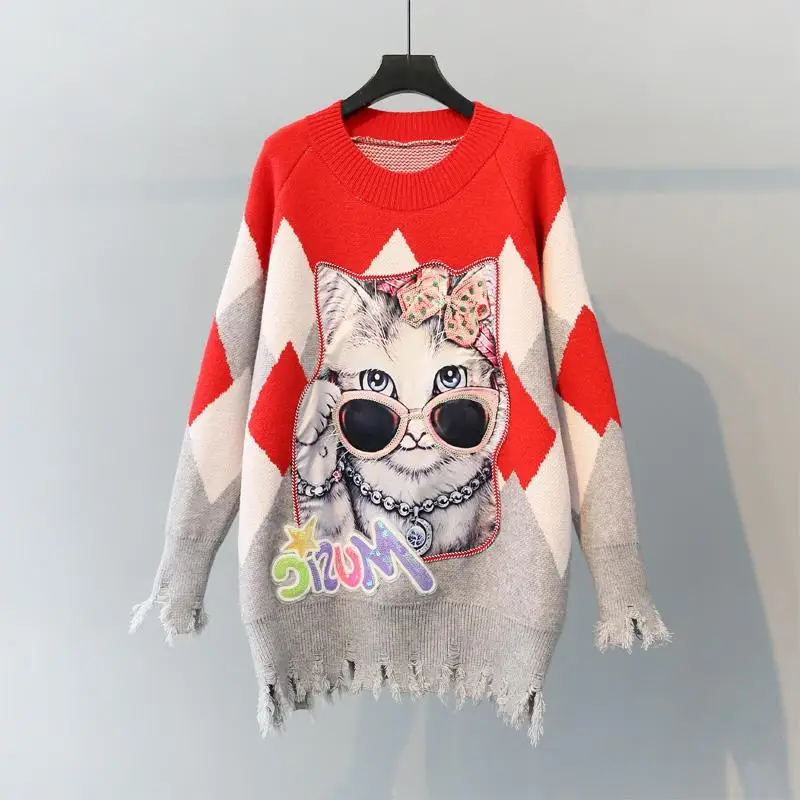 Korean Version Of The Lazy Style Color Matching Loose Cartoon Irregular Sweater Women's Pullover Fall Winter 2021 Thick Section
Korean Version Of The Lazy Style Color Matching Loose Cartoon Irregular Sweater Women's Pullover Fall Winter 2021 Thick Section