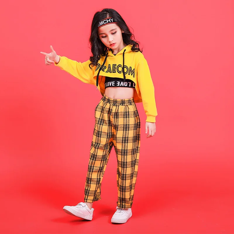 Yellow Girls Boys Hip Hop Hoodies Dance Clothes for Kids Jazz Dancing Costumes T Shirt Ballroom Crop Tops Plaid Jogger Pants |