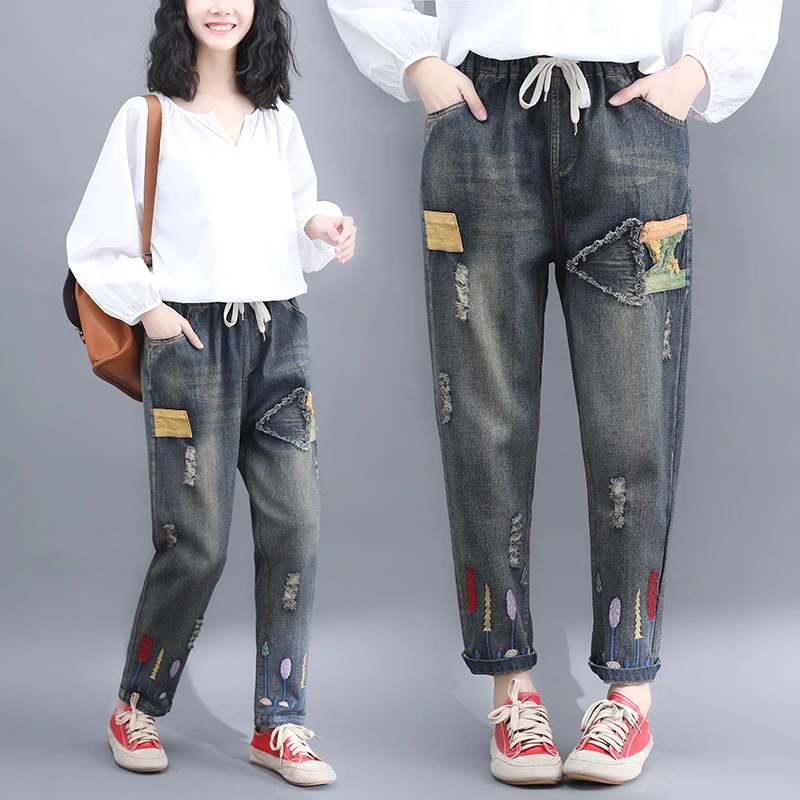 Art Style Patchwork Embroidery Casual Loose Vintage Girl Women Jeans Ripped Elastic Waist Cotton Denim Harem Pants Plus Size
Art Style Patchwork Embroidery Casual Loose Vintage Girl Women Jeans Ripped Elastic Waist Cotton Denim Harem Pants Plus Size