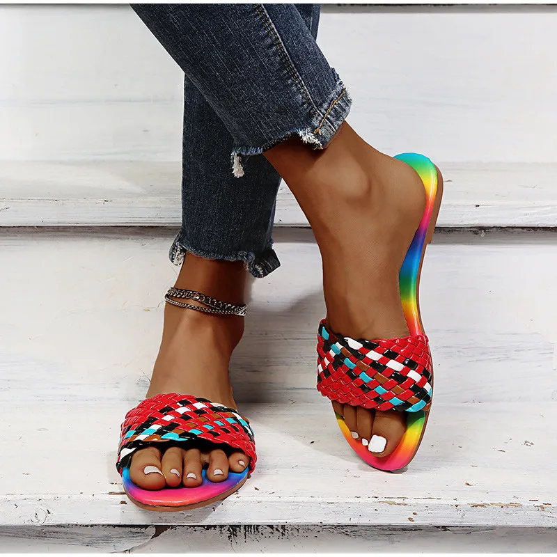 New Style Woman Slippers Shoes Lady Girl Flat Woven Multicolor Band Females Slippers Peep Toe Casual Slides Sandals Plus Size
New Style Woman Slippers Shoes Lady Girl Flat Woven Multicolor Band Females Slippers Peep Toe Casual Slides Sandals Plus Size