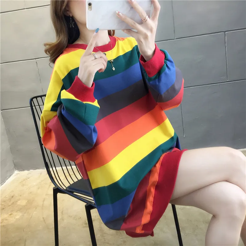 Spring Autumn 2020 Fashion Girls Student Casual Thin Rainbow Striped Long Sleeve Mid-length Loose Round Neck Sweater Women's Top
Spring Autumn 2020 Fashion Girls Student Casual Thin Rainbow Striped Long Sleeve Mid-length Loose Round Neck Sweater Women's Top