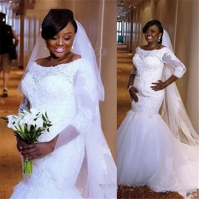 Plus Size Mermaid Wedding Dresses 3/4 Long Sleeves Lace Applique Scoop Neck Sweep Train African Garden Wedding Gown vestido
Plus Size Mermaid Wedding Dresses 3/4 Long Sleeves Lace Applique Scoop Neck Sweep Train African Garden Wedding Gown vestido