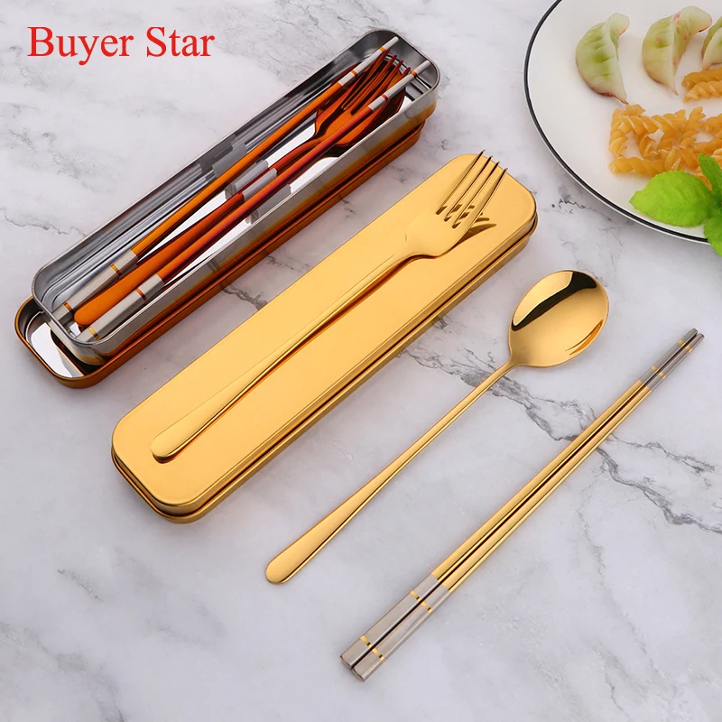 Gold Cutlery Sets With Case Stainless steel tableware Sets chopsticks Fork spoon kits metal storage box Camping Travel Utensils
Gold Cutlery Sets With Case Stainless steel tableware Sets chopsticks Fork spoon kits metal storage box Camping Travel Utensils