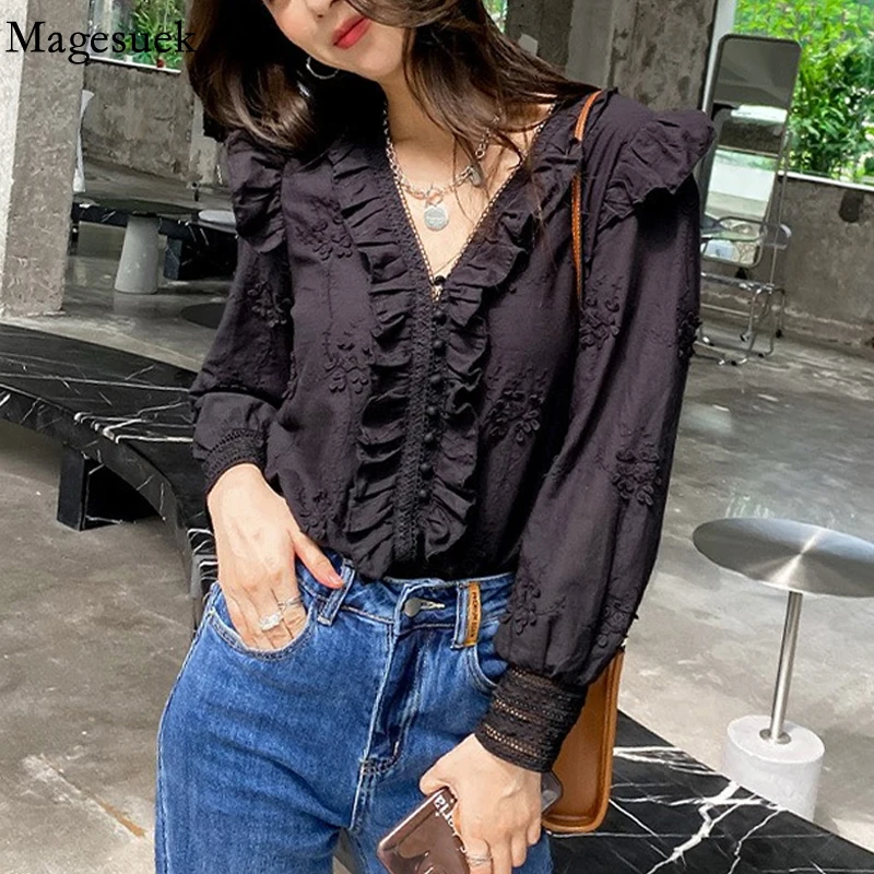 French Style V Neck Embroidered Ruffles Shirts Women Elegant White Sweet Black Top New Fashion Women Long Sleeve Blouse 18236
French Style V Neck Embroidered Ruffles Shirts Women Elegant White Sweet Black Top New Fashion Women Long Sleeve Blouse 18236
