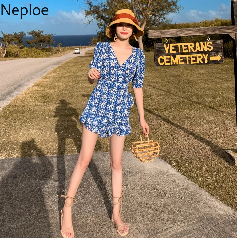 Женские комбинезоны с цветочным принтом Neploe модные v-образным вырезом и коротким