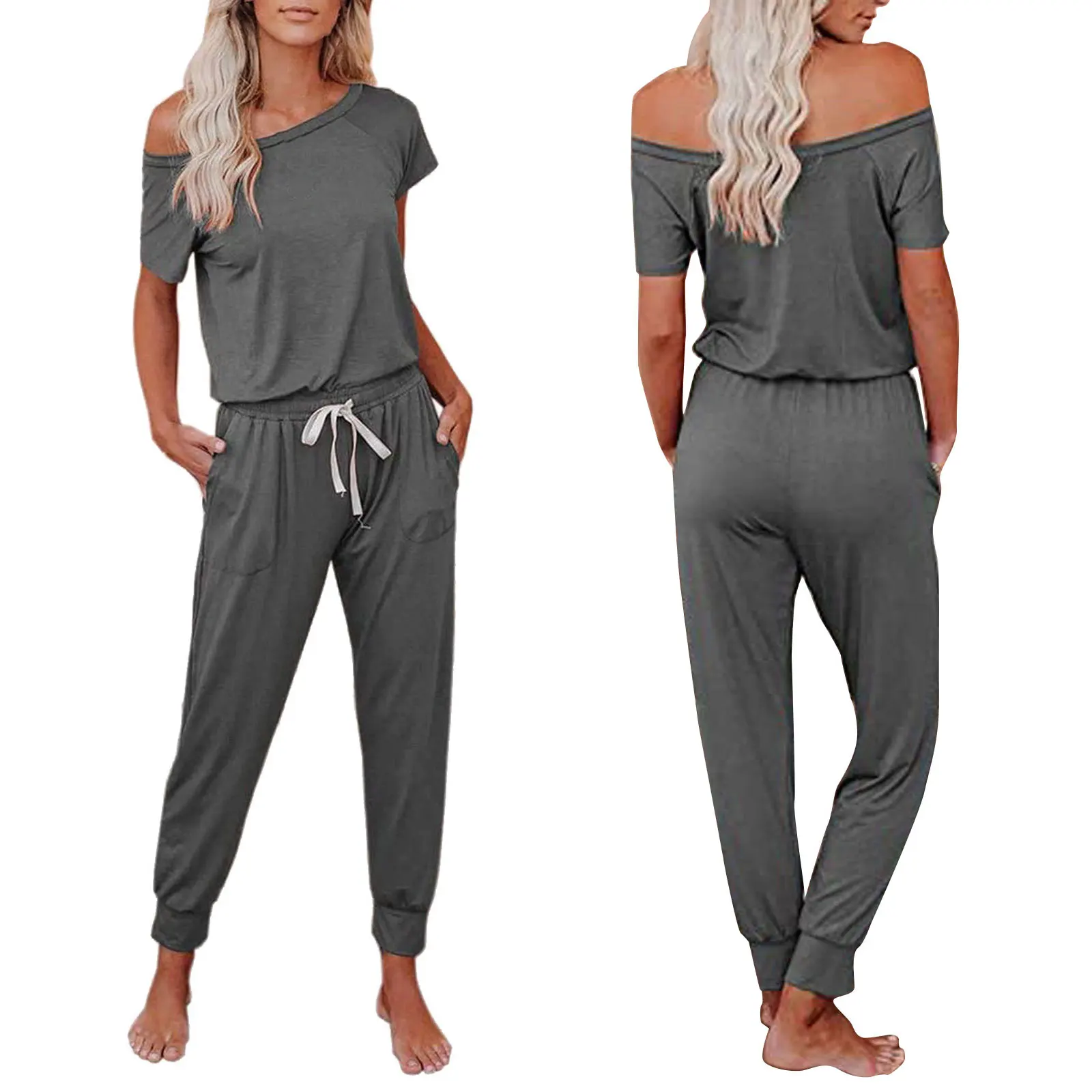 Women Solid Color Clothes Set Short Sleeve Off-shoulder Tops + Drawstring Long Pants Ankle Length with Pockets Outdoor Sport
Women Solid Color Clothes Set Short Sleeve Off-shoulder Tops + Drawstring Long Pants Ankle Length with Pockets Outdoor Sport
