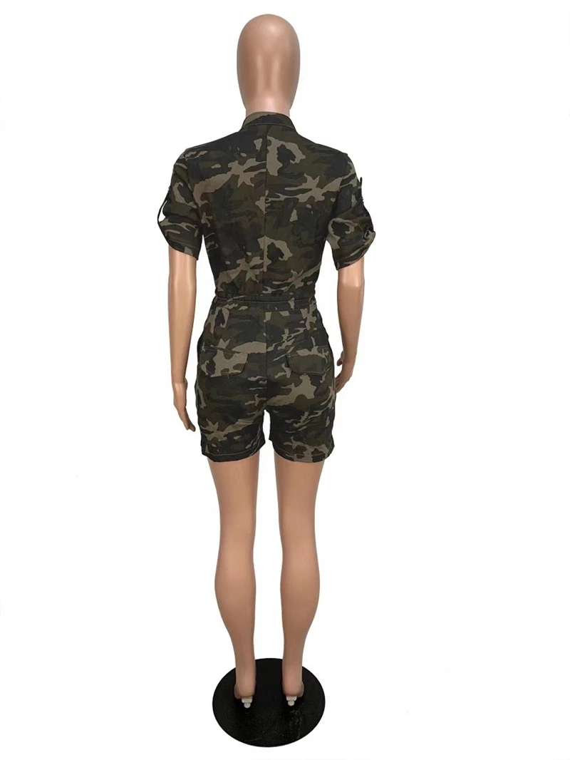 Adogirl Camo Print Women Casual Overalls Buttoned O Neck Short Sleeve Drawstring Waist Shorts Jumpsuit Fashion Playsuit Onesies