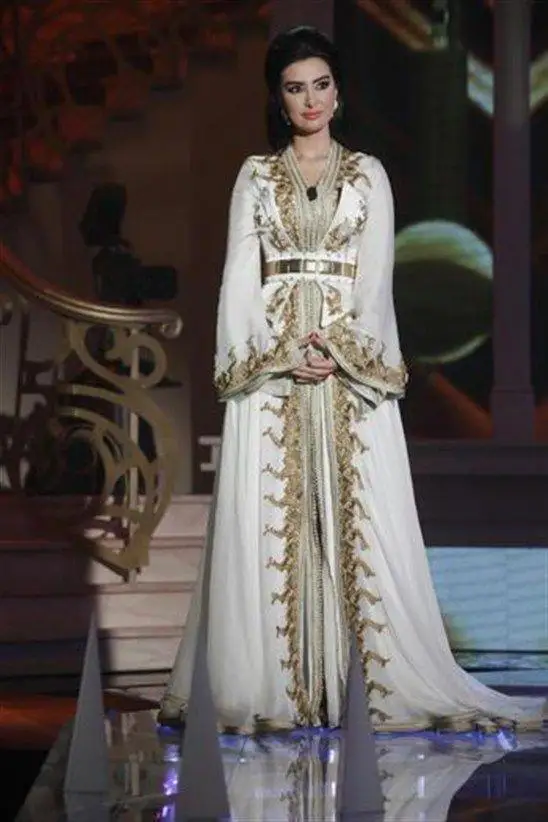 

Moroccan Caftan Kaftan Dubai Abaya Arabic Long Sleeve Evening Dresses Amazing Gold Embroidery V-neck Occasion Prom Formal Gown