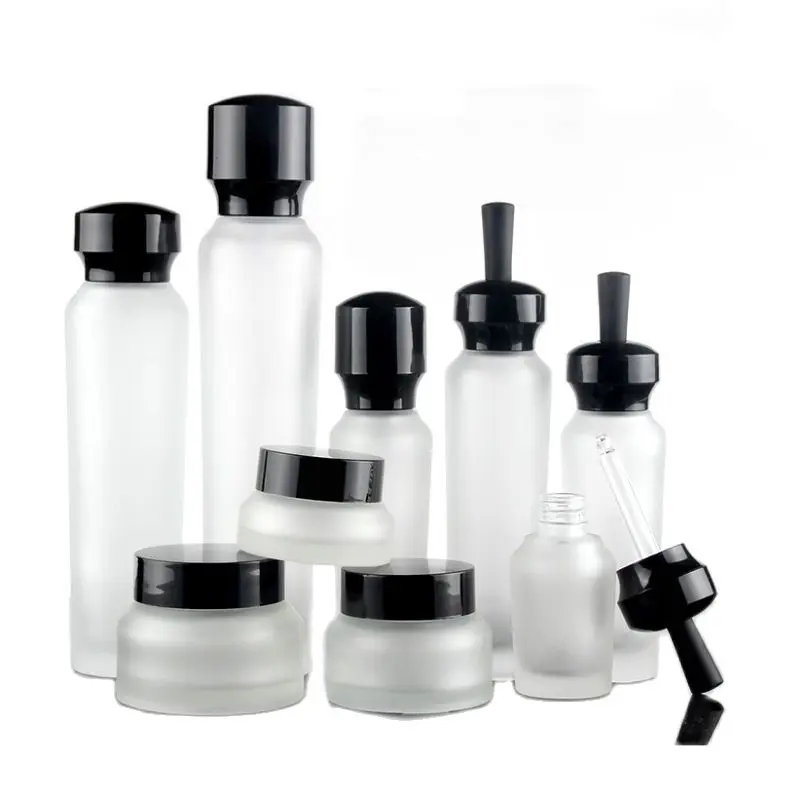 

20/30/50/100ml Emulsion Lotion Pump Bottle Clear Frosted Glass Cream Jar Cosmetic Refillable Essential Oil Dropper Bottle 10pcs