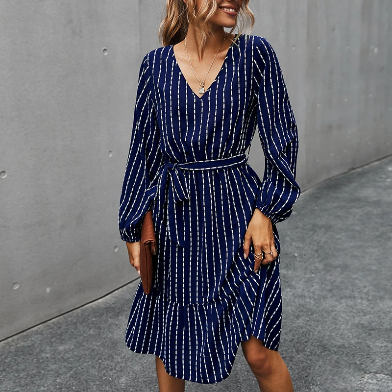 Autumn Long Sleeve Dress Office Ladies Long Sleeve Midi Dress V Neck Belted Casual Striped Print Party Dresses Vestidos 
Autumn Long Sleeve Dress Office Ladies Long Sleeve Midi Dress V Neck Belted Casual Striped Print Party Dresses Vestidos