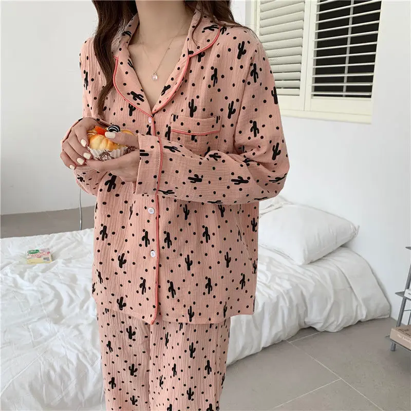 

QWEEK Cotton Pajama Sets Womens Outfits Korean Cactus Print Sleepwear Autumn Pyjamas 2 Piece Pijamas Long Sleeve Suit Bedroom