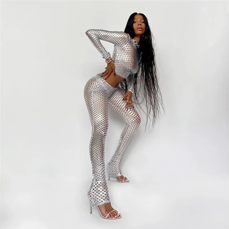 Shiny See Through Two Pieces Set Solid Hollow Out O-neck Long Sleeve Top leggings Fashion Hot Mesh Style Streewear Bottom
Shiny See Through Two Pieces Set Solid Hollow Out O-neck Long Sleeve Top leggings Fashion Hot Mesh Style Streewear Bottom