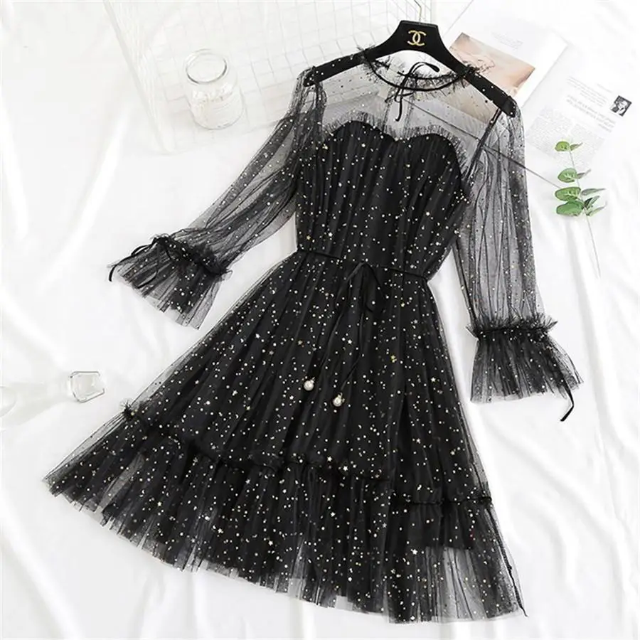 Women Summer Flare Sleeve Star Sequined Mesh Gauze Pearl Bandage Strap Dress Lady Elegant Bling Tulle Voile Pleated Dress
Women Summer Flare Sleeve Star Sequined Mesh Gauze Pearl Bandage Strap Dress Lady Elegant Bling Tulle Voile Pleated Dress