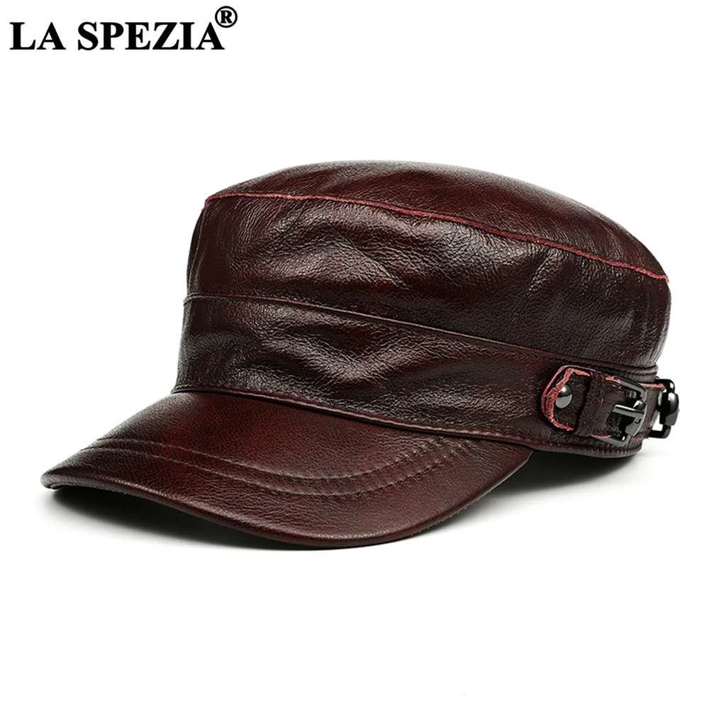 

Winter Men Hat Real Leather Caps for Men Genuine Leather Purplish Red Military Hat Cowskin Mens Sailor Hat Brand Accessories XL