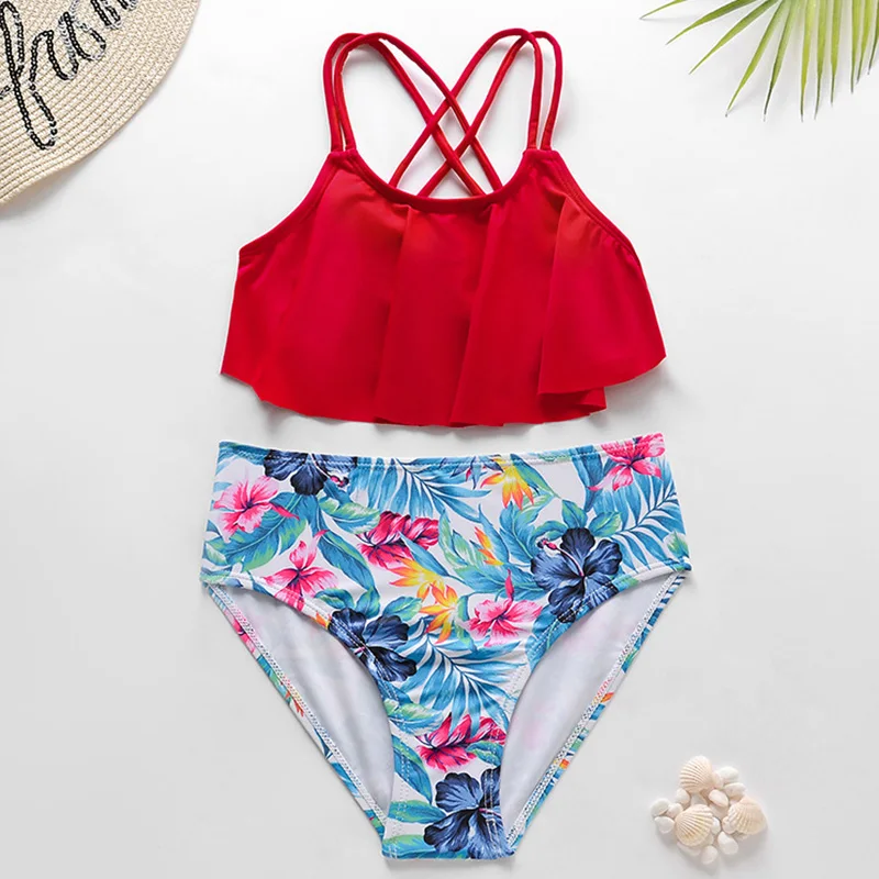 

Tropical Floral Flounce Girl Swimsuit Kids 7-14 Years Two Piece Children's Swimwear Cross Back Bikini Set Teenager Bathing Suits