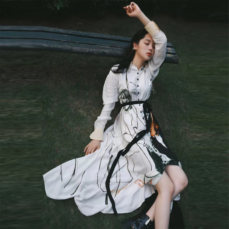 2021 spring summer women white character printed dresses with sashes new design holiday dress opening
2021 spring summer women white character printed dresses with sashes new design holiday dress opening