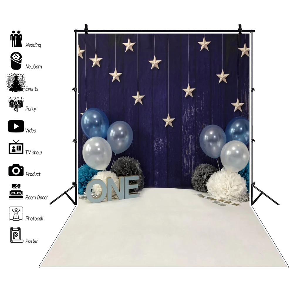 Baby 1st Birthday Photography Backdrop Balloons Silver Star Pendant Blue Background Children Portrait Interior Photocall Scene
Baby 1st Birthday Photography Backdrop Balloons Silver Star Pendant Blue Background Children Portrait Interior Photocall Scene
