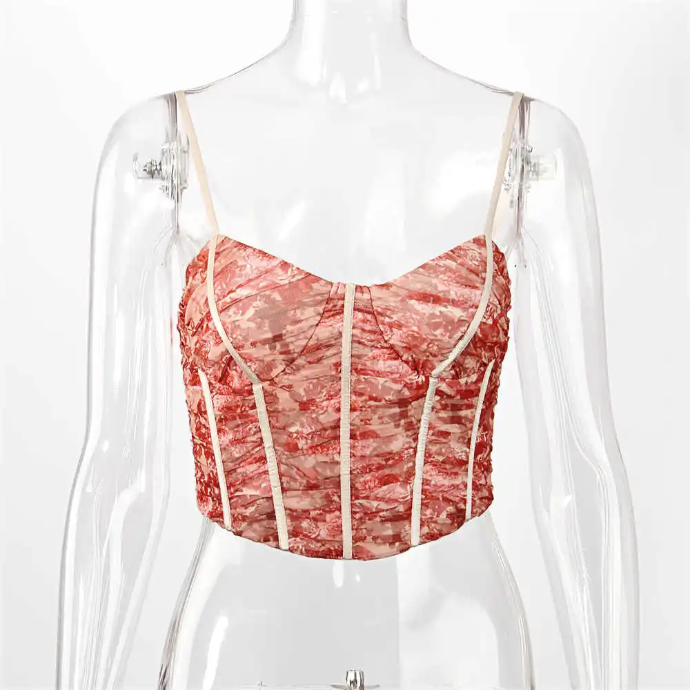 Floral Print Corset Mesh Cami Tops Sexy Women Bustier Outfits Club Wear Crop Tops