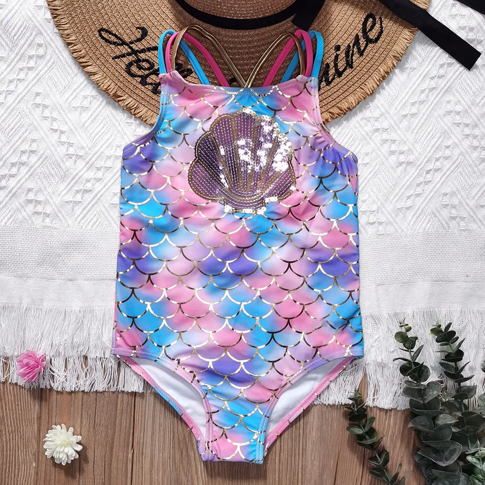 

Scallop Shell Sequin Girl One Piece Swimsuit 5-14 Years Fish Scale Children's Swimwear Glitter Teena Bathing Suit Beachwear 2022