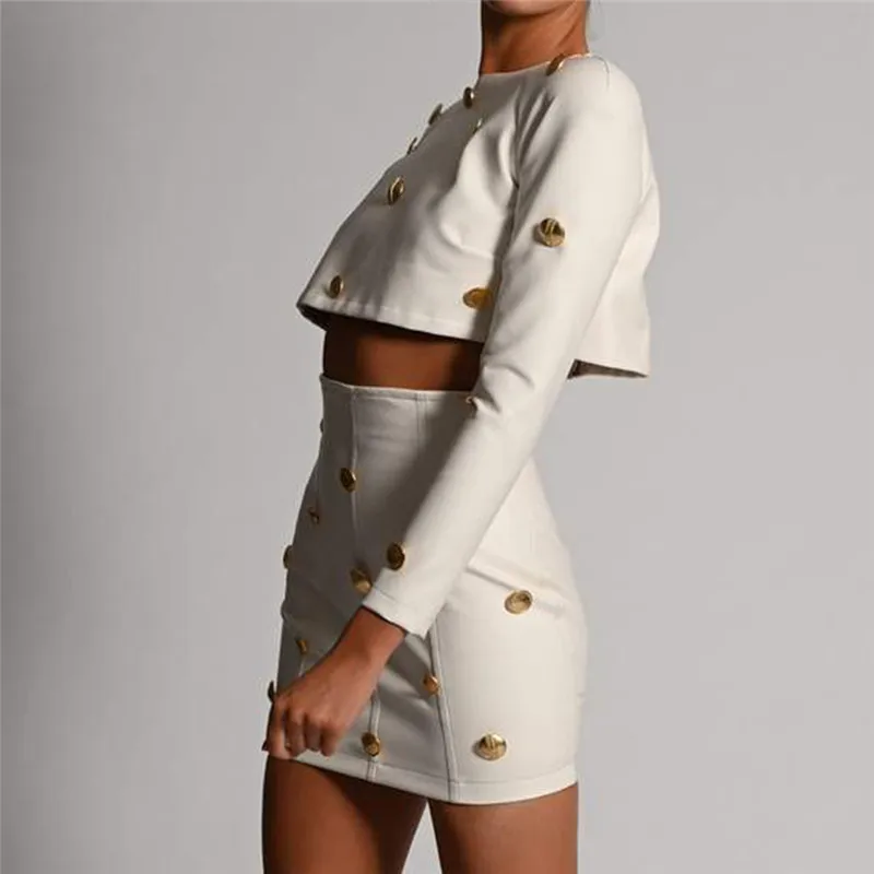 ISAROSE 2021 Leather Dress Sets Gold Buttons Long Sleeve Crop Tops High Waist Bodycon Mini Dresses Women Fashion Streetwear
ISAROSE 2021 Leather Dress Sets Gold Buttons Long Sleeve Crop Tops High Waist Bodycon Mini Dresses Women Fashion Streetwear