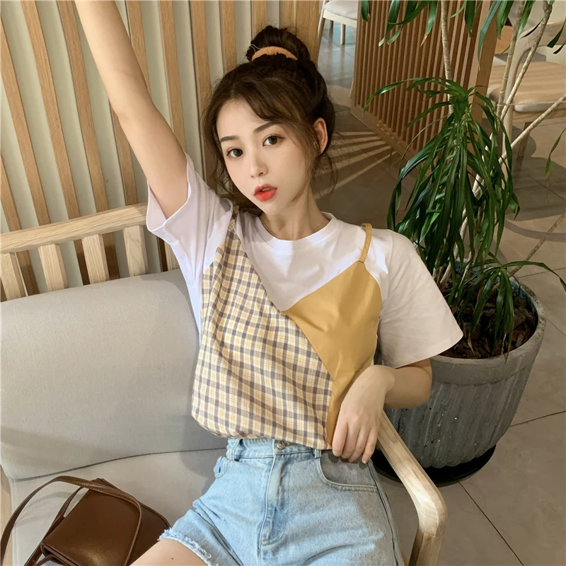 Patchwork Fake Two Pieces Tops Women Clothing Summer New O-neck Short Sleeve T Shirts Causal Sweet Style Loose Ladies Tees 2021
Patchwork Fake Two Pieces Tops Women Clothing Summer New O-neck Short Sleeve T Shirts Causal Sweet Style Loose Ladies Tees 2021