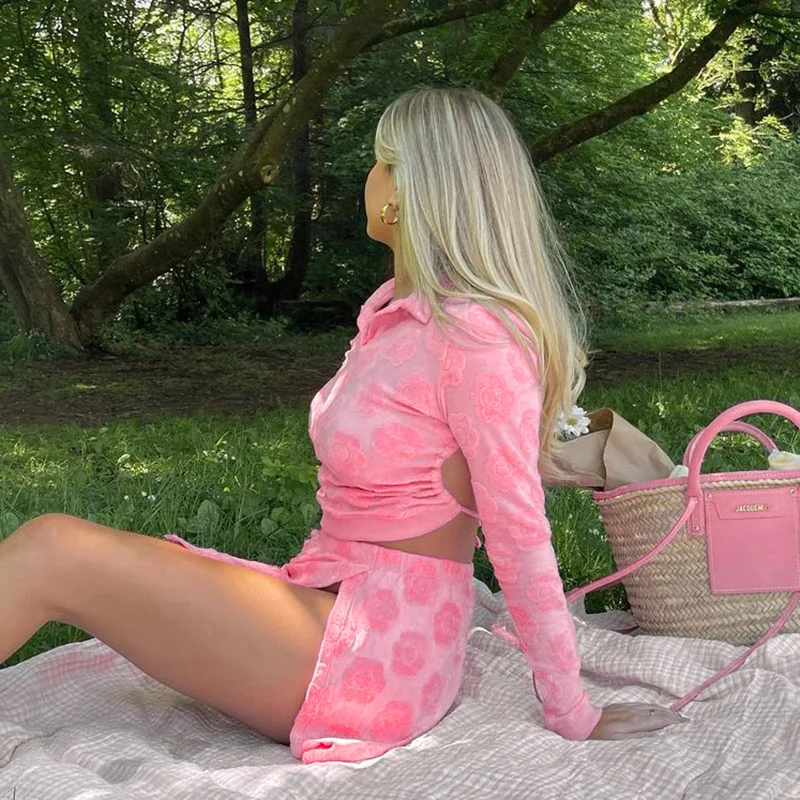 Pink Sweet Backless Lace Up Flocking Skirt Set 2021 Autumn Long Sleeve Cotton Turndown Collor Top Split Mini Skirt Two Piece Set 
Pink Sweet Backless Lace Up Flocking Skirt Set 2021 Autumn Long Sleeve Cotton Turndown Collor Top Split Mini Skirt Two Piece Set