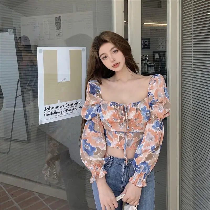 Women Summer Blouse New Fashion French Floral Square Neck Top Puff Long Sleeve Pullover Slim Short Navel Shirt
Women Summer Blouse New Fashion French Floral Square Neck Top Puff Long Sleeve Pullover Slim Short Navel Shirt