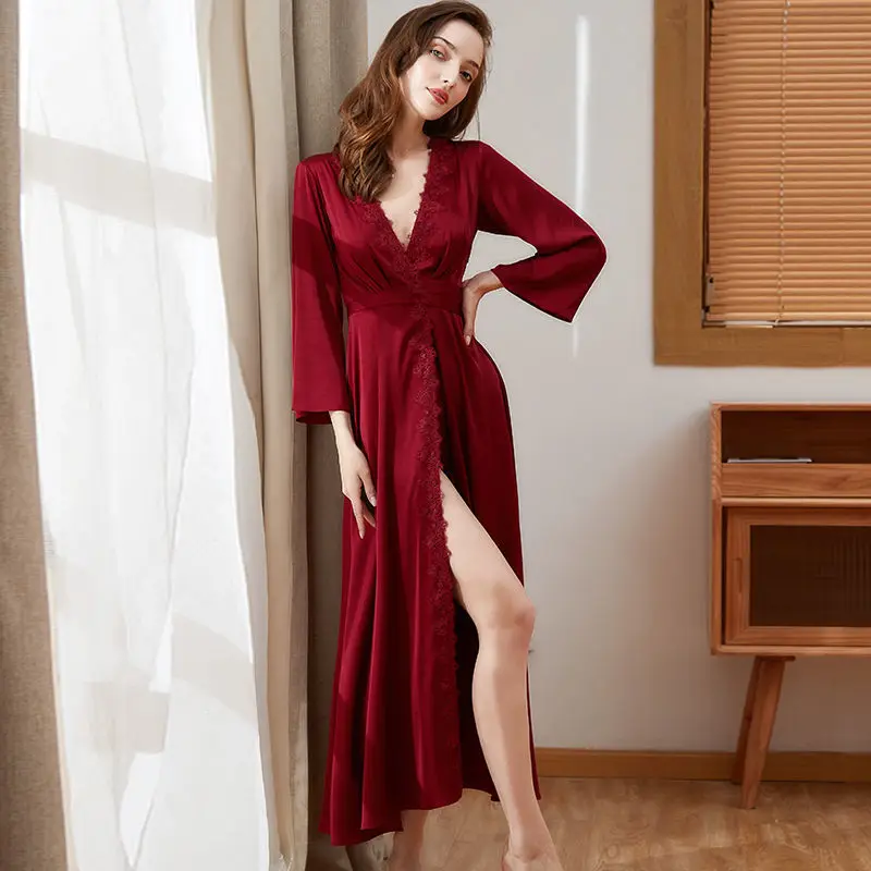 Sexy Cross V Neck Satin Wrap Robe Vintage Lace Patchwork Bandage Split Slim Nightgown Women's Long Sleeve Backless Midi Dresses
Sexy Cross V Neck Satin Wrap Robe Vintage Lace Patchwork Bandage Split Slim Nightgown Women's Long Sleeve Backless Midi Dresses