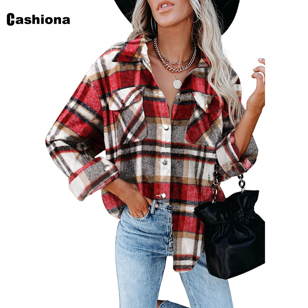 

Cashiona Female Tops Lepal Stand Collar Blouse Long Sleeve Women Fashion Casual Plaid shirt blusas 2021 Single Breasted Shirt