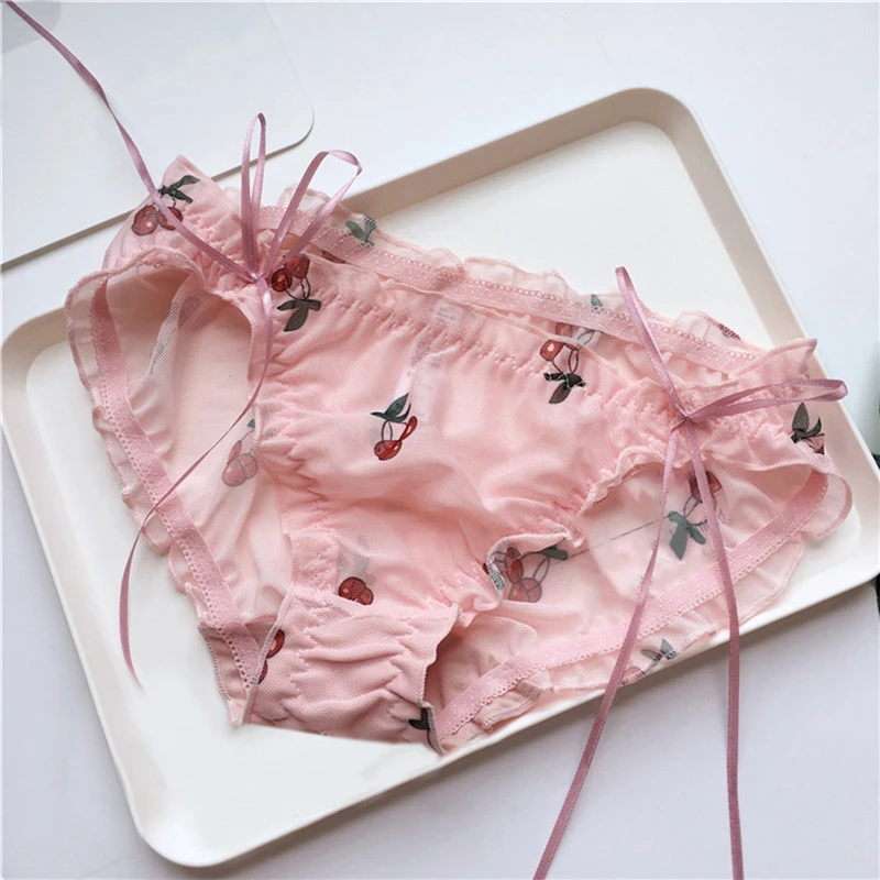 Seamless Panties Korean Fruit Micro Cute Ruffle Bow Briefs Girls Lingerie Lacing Up Thongs Women Sexy Underwear | Женская одежда