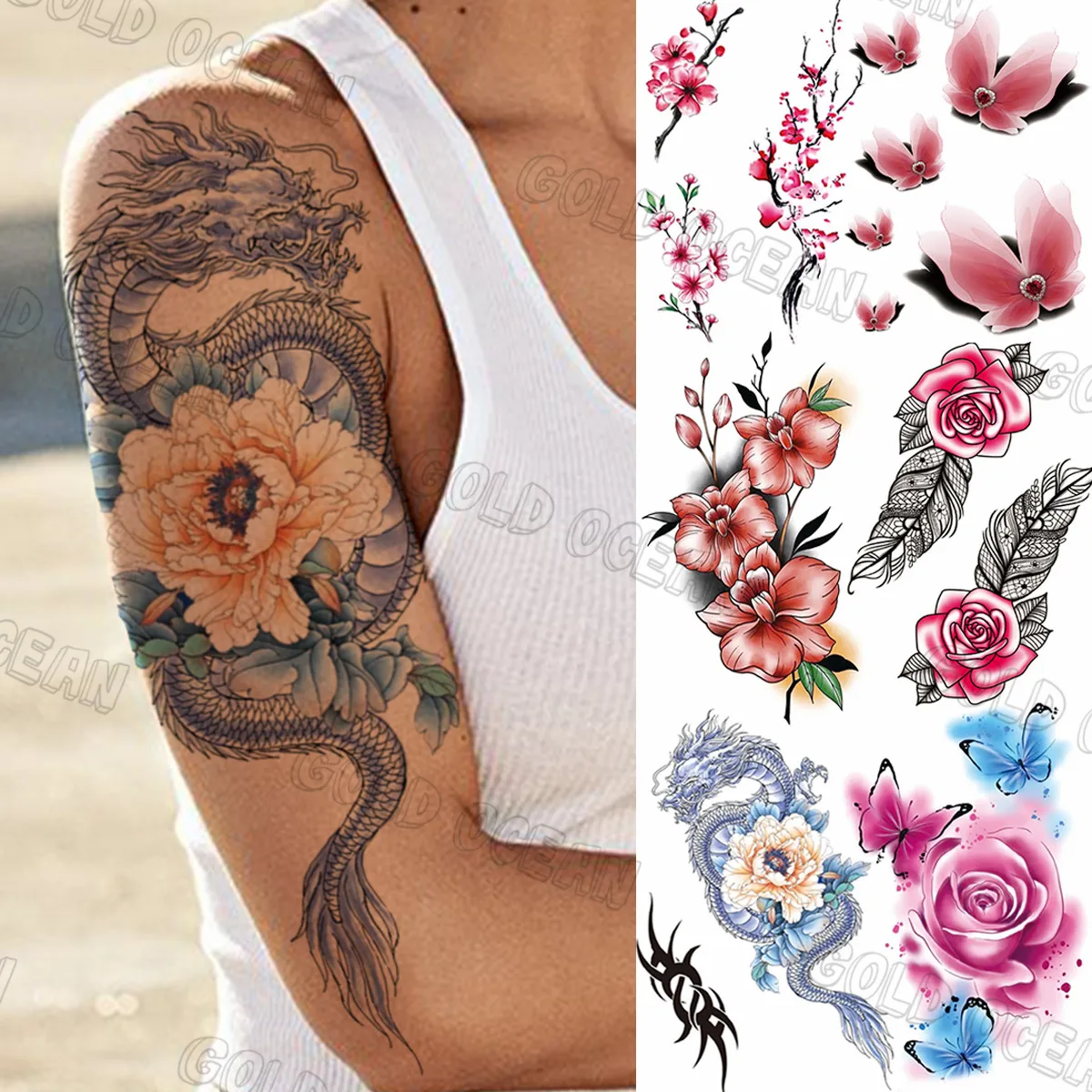 3D Dragon Peony Temporary Tattoos For Women Adults Realistic Rose Flower Peach Blossom Fake Tattoo Sticker Arm Back Tatoos
3D Dragon Peony Temporary Tattoos For Women Adults Realistic Rose Flower Peach Blossom Fake Tattoo Sticker Arm Back Tatoos