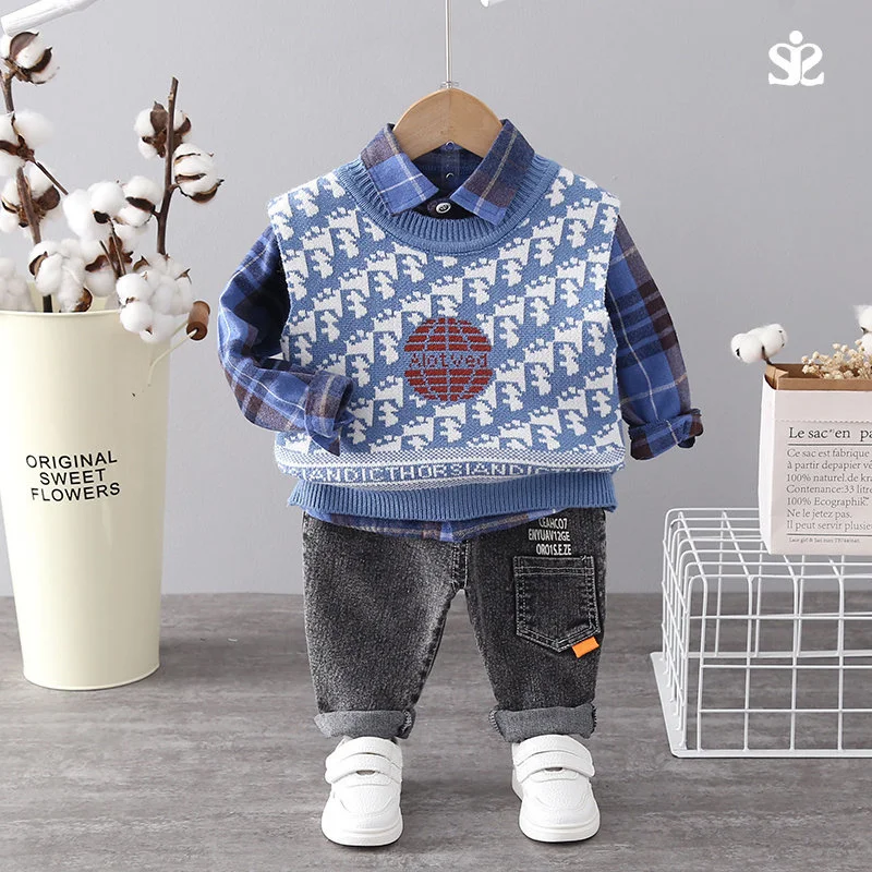 

New Fashion Autumn Children Boys Girls Gentleman Kids Sweater Vest Jacket Strips T-shirt Pants 3pcs/sets Baby Clothing Tracksuit