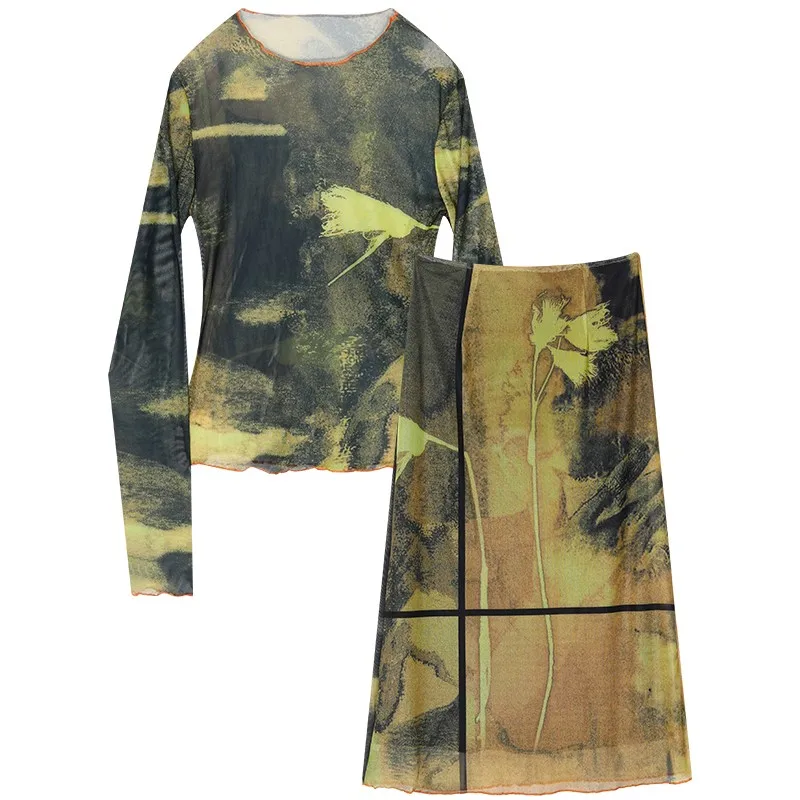 Vintage Printing Slim Elastic Long Sleeve T Shirt Tops High Waist A Line Long Skirt Women Two Piece Set Elegant Matching Sets
Vintage Printing Slim Elastic Long Sleeve T Shirt Tops High Waist A Line Long Skirt Women Two Piece Set Elegant Matching Sets