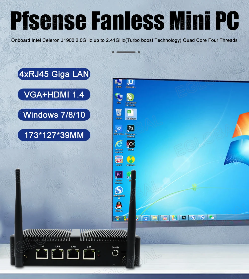 

Eglobal Fanless Pfsense Mini PC Linux J1900 Quad Core Nano Itx 4*Intel WGI211AT Gigabit RJ45 Lan Firewall Router Security Server