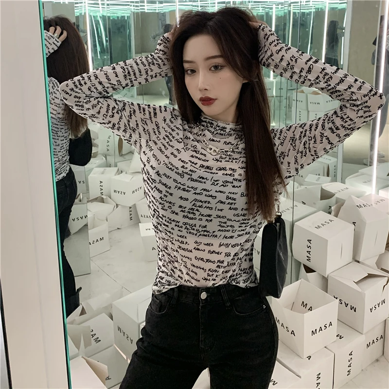 Letter Bottoming Shirt Women'S Autumn And Winter Western Style Net Red Long-Sleeved T-Shirt 2021 New Tight Half High Collar Top 
Letter Bottoming Shirt Women'S Autumn And Winter Western Style Net Red Long-Sleeved T-Shirt 2021 New Tight Half High Collar Top