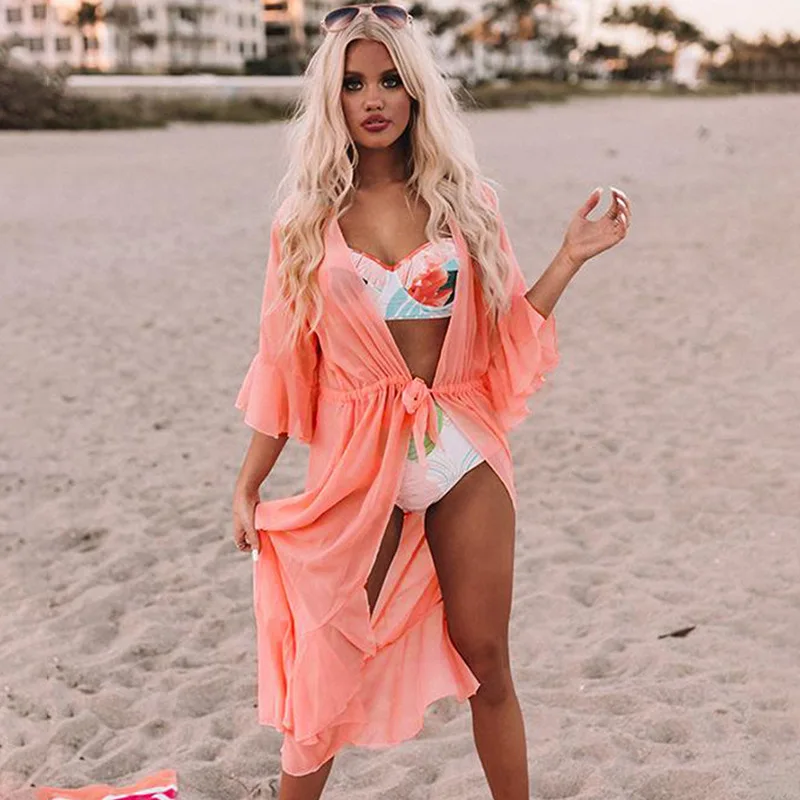 

Women Sexy Chiffon Flared Sleeve Pareo Beach Bikinis Cover Up Swimwear 2021 New Tunic Solid Cardigan Robe De Plage Beachwear