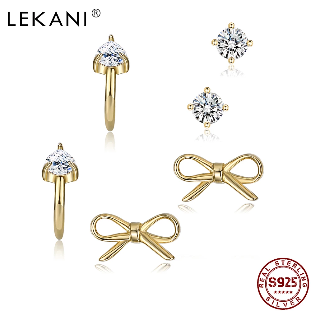 LEKANI 925 Sterling Silver Jewelry Cute Bow-Knot Tiny Earrings For Women Girl Clear CZ Gold Color Studs Earring Sets Hot Sale
LEKANI 925 Sterling Silver Jewelry Cute Bow-Knot Tiny Earrings For Women Girl Clear CZ Gold Color Studs Earring Sets Hot Sale