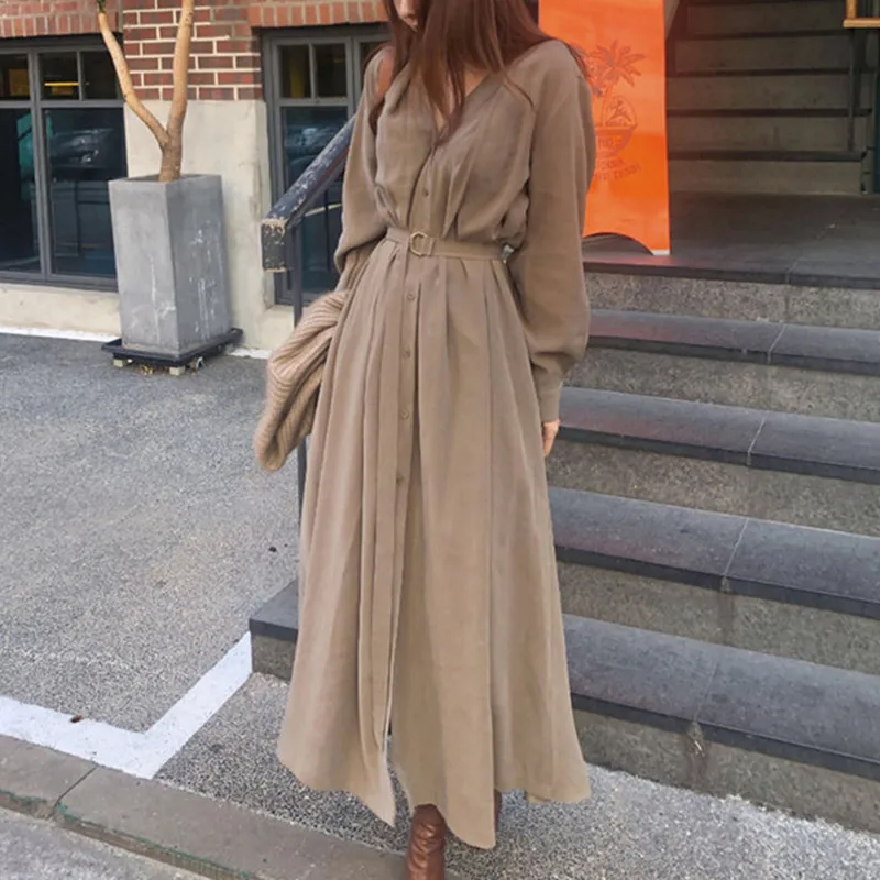 Korean Elegant Dress Women Clothing Long Sleeve Solid V-Neck Maxi Dress Female Casual Single-breasted Long Dress Vestidos Q5291
Korean Elegant Dress Women Clothing Long Sleeve Solid V-Neck Maxi Dress Female Casual Single-breasted Long Dress Vestidos Q5291