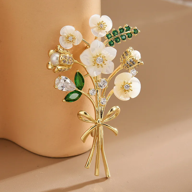 

2021 New Shell Bouquet Brooch High-end Micro-inlaid Cubic Zircon Flower Clothing Pin Brooches for Women Coat Scarf Accessories