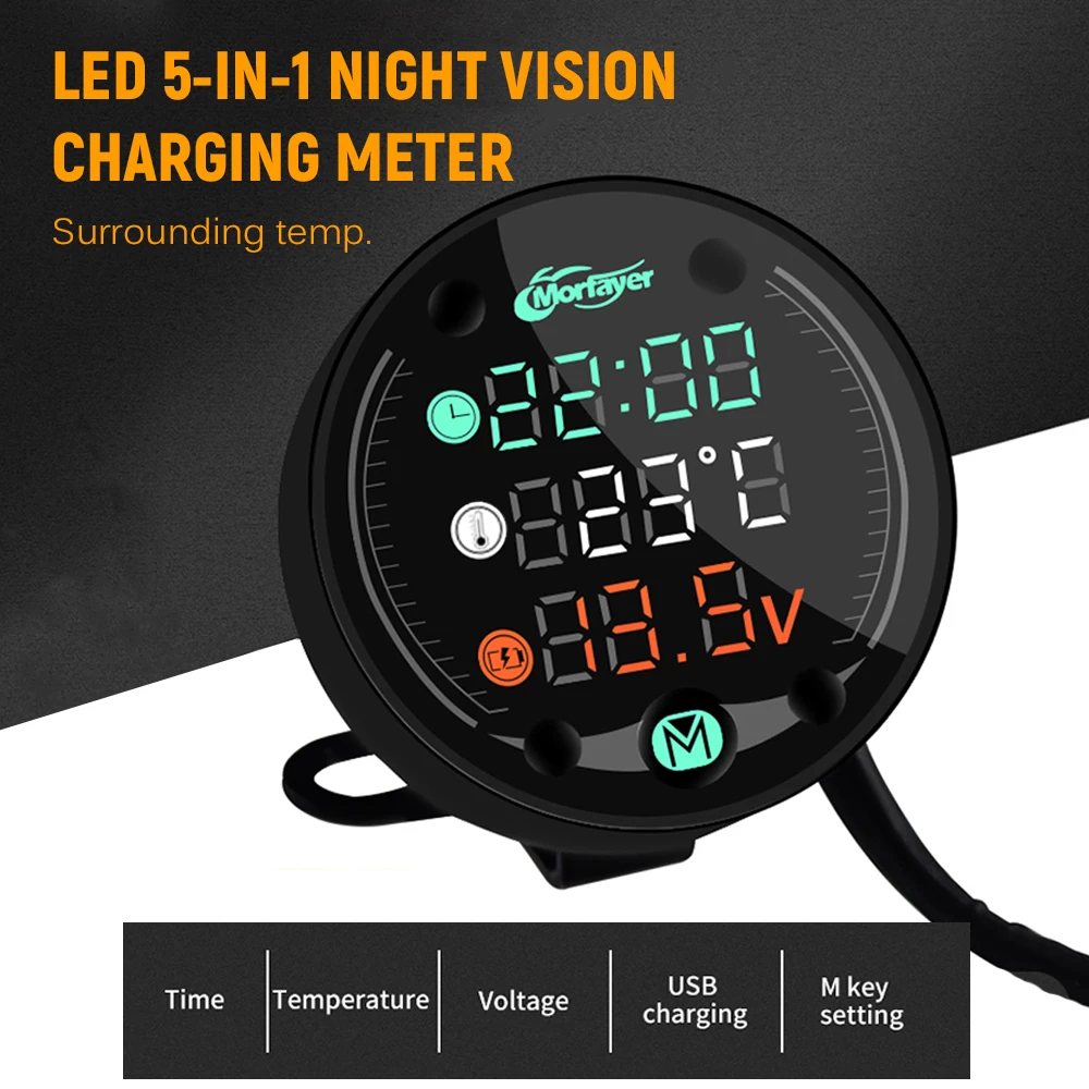 9-24V LED Night Vision Motorcycle Readout Voltmeter Time Air Thermometer USB Charging M-key Setting 5-in-1 Combination Meter
9-24V LED Night Vision Motorcycle Readout Voltmeter Time Air Thermometer USB Charging M-key Setting 5-in-1 Combination Meter