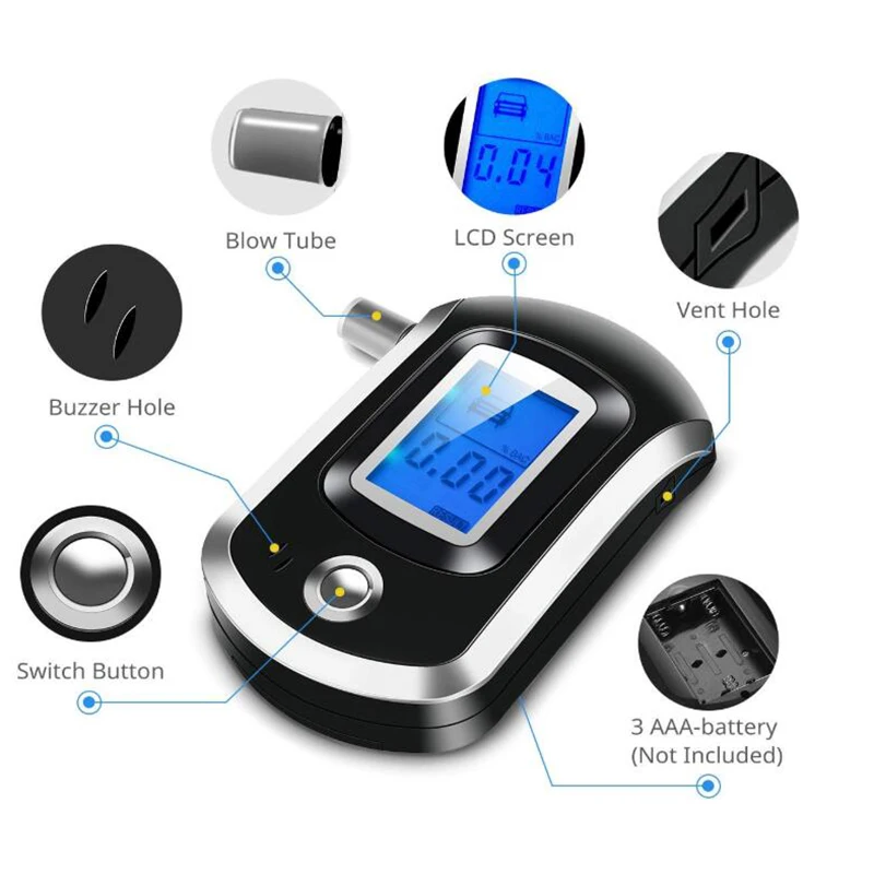 Alcohol Tester Breathalyzer Digital Breath Alcohol Tester Display in Large Lcd Sn Mini-Size Portable
Alcohol Tester Breathalyzer Digital Breath Alcohol Tester Display in Large Lcd Sn Mini-Size Portable